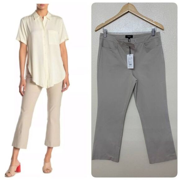 Theory Mid Rise Cropped Bi Stretch Pant Beige Khak - Picture 1 of 9